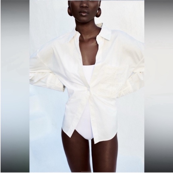 Zara Tops - Zara, white, guipore lace pocket poplin shirt, Large